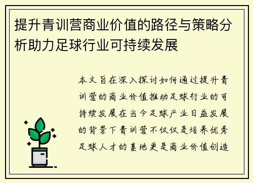 提升青训营商业价值的路径与策略分析助力足球行业可持续发展 提升青训营商业价值的路径与策略分析助力足球行业可持续发展