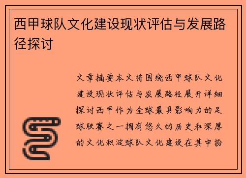 西甲球队文化建设现状评估与发展路径探讨 西甲球队文化建设现状评估与发展路径探讨