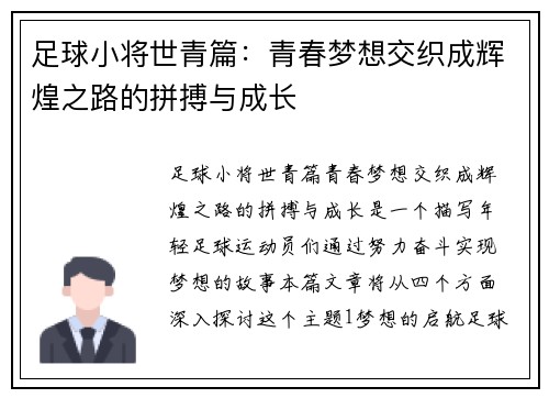 足球小将世青篇：青春梦想交织成辉煌之路的拼搏与成长